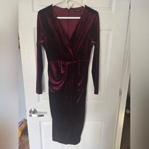 le chateau Velvet Wrap Midi Dress in Wine Red